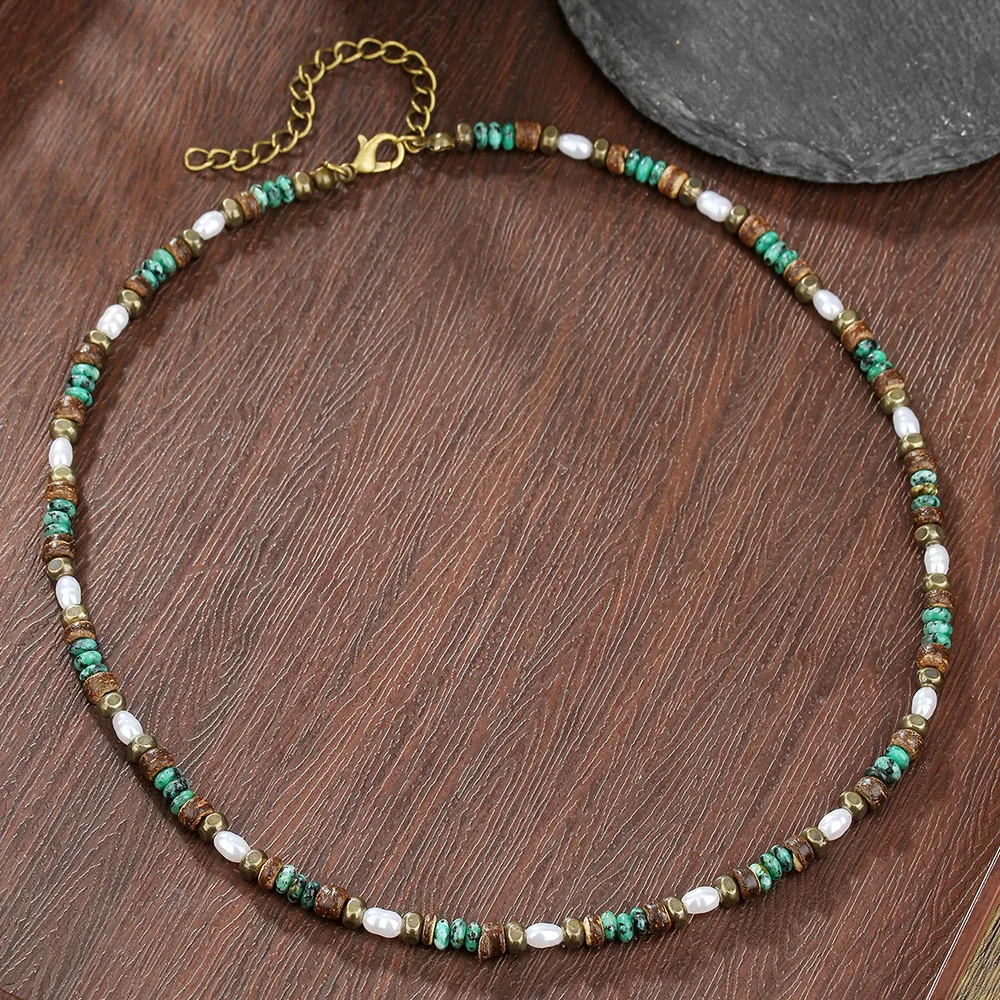 1PC Summer Man's Ethnic Artificial Pearl Necklace for Men Vintage Wooden Beads Artificial Africa Turquoise Beaded Necklace Men