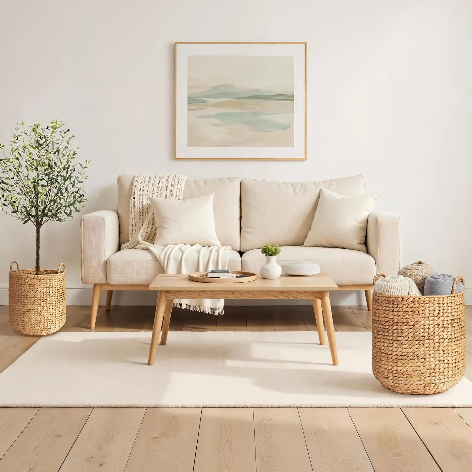 2-Piece Round Nesting Baskets W/Handles, Handwoven Water Hyacinth, Plant Holder, Laundry Basket, Storage Organizer, Tote Bins