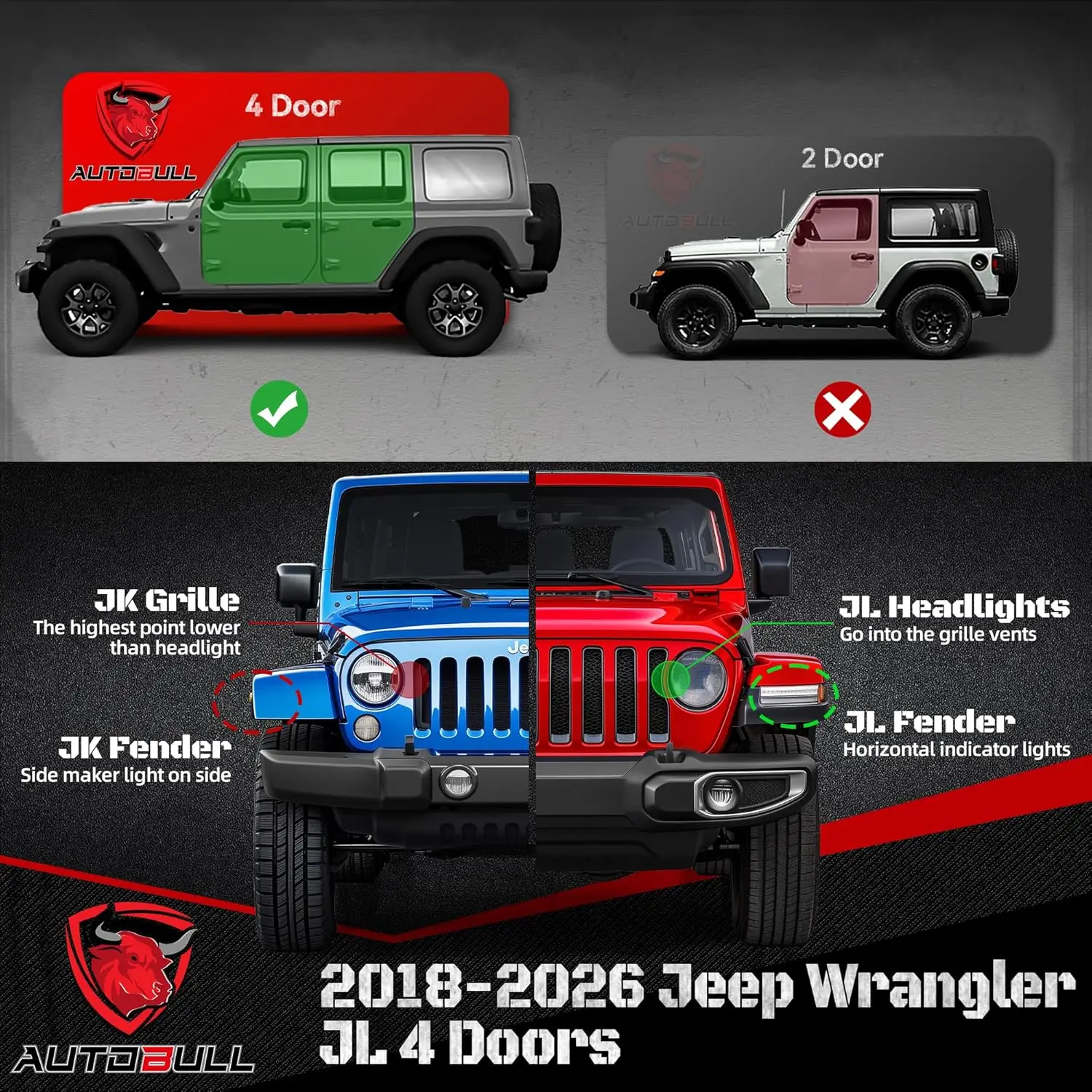 6-inch 2-Stairs Running Boards for Jeep Wrangler JL 4 Doors 2018-2026, Coated Black Carbon Steel Nerf Bars
