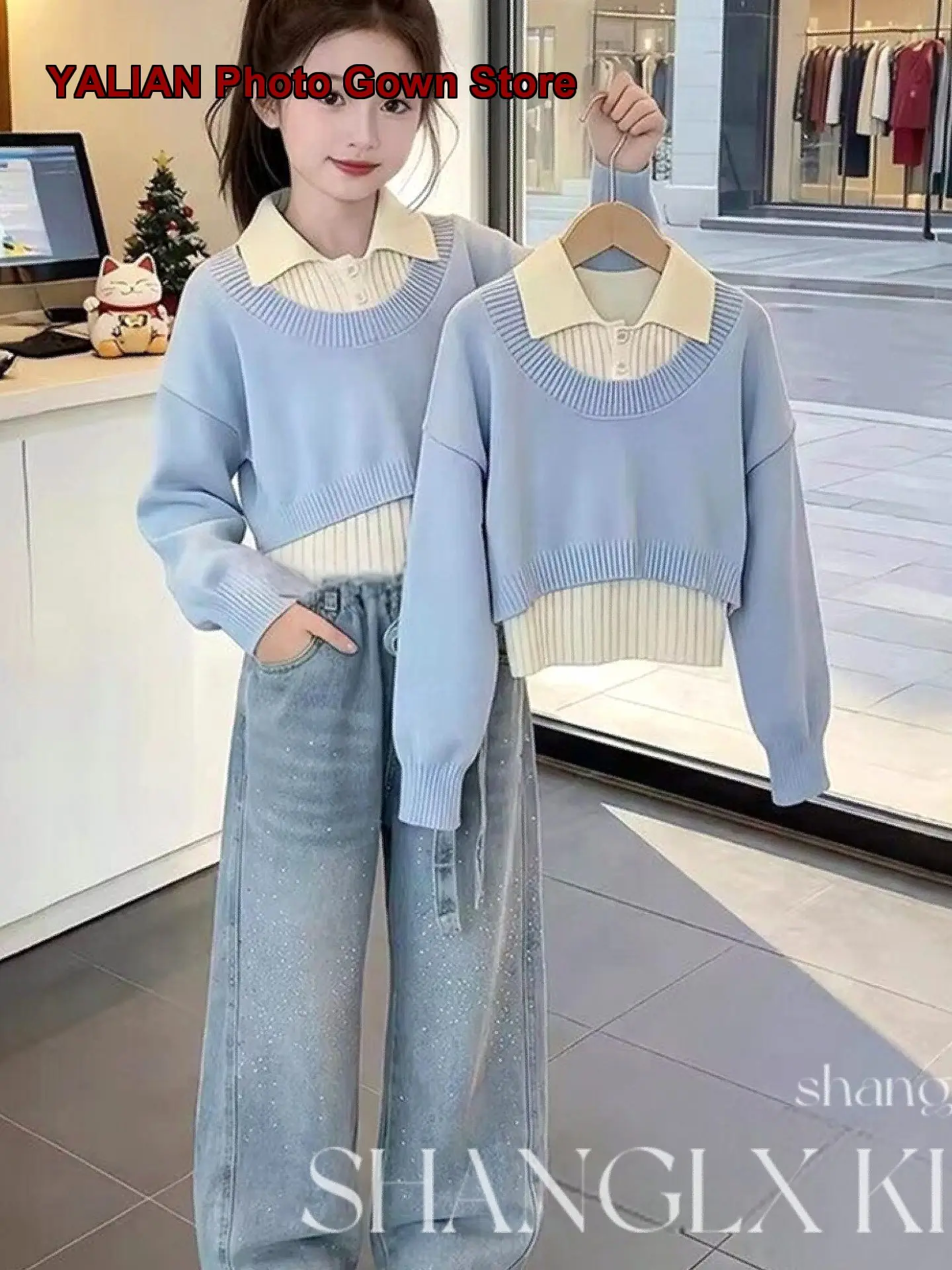 Girls Knit Set Kids Spring Autumn Two-Piece Look Jeans Fashionable Older Kids