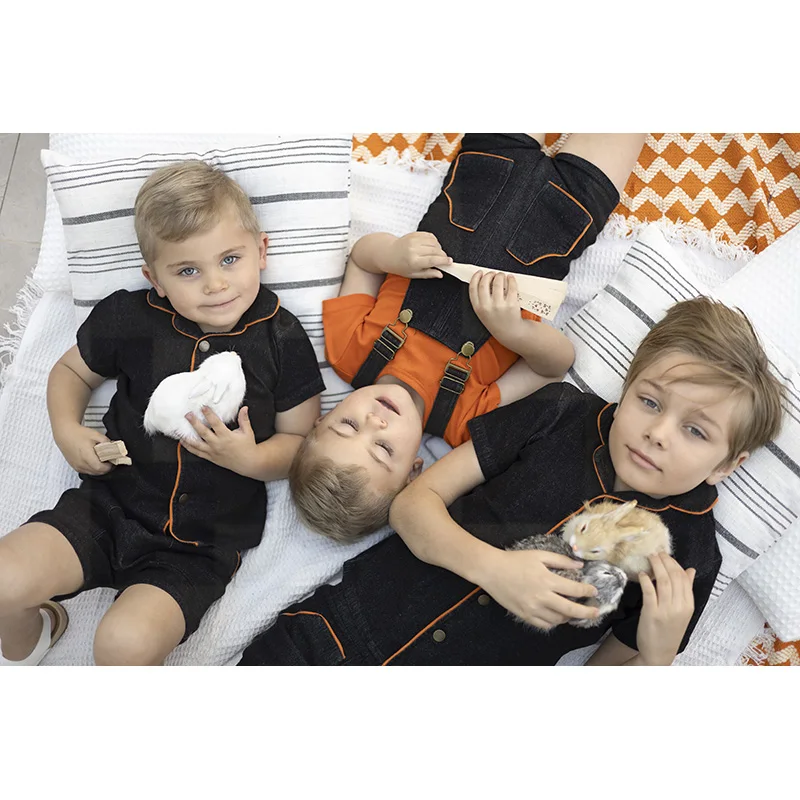 Ali Plus New SS25 Black denim with orange trim girls dress romper boys built up shirt and pants boy and girl ribbed orange top