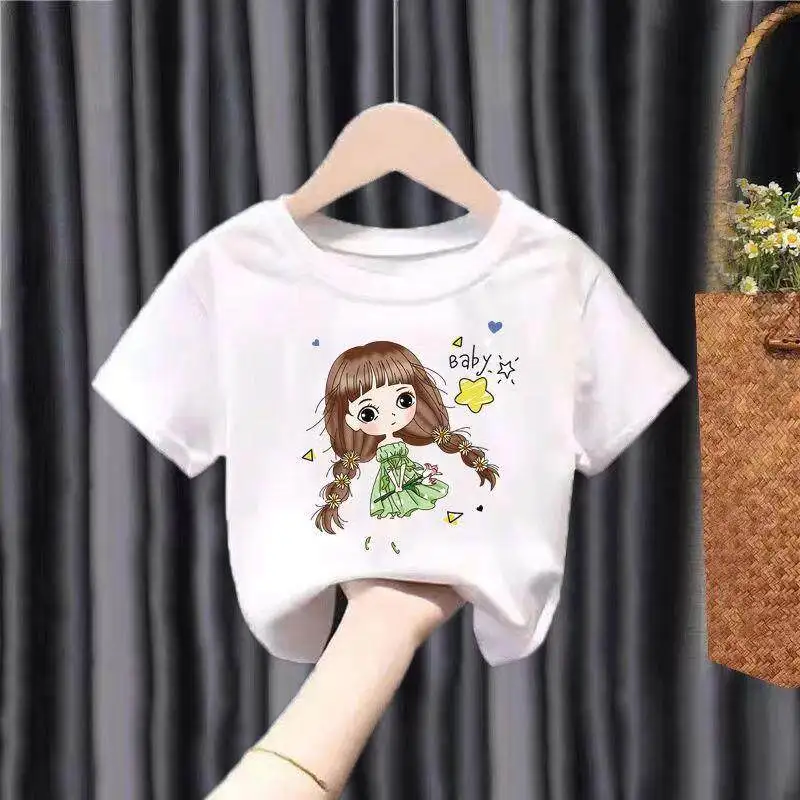 Beautiful Girl Cotton Printed Children's Summer T-shirt Stylish Parent-child Thin Round Neck Middle and Small Children's Top
