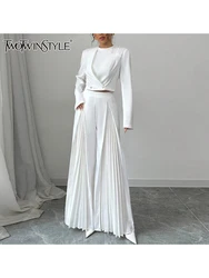 TWOTWINSTYLE Solid Two Piece Set For Women O Neck Long Sleeve Spliced Button Tops High Waist Patchwork Folds Pant Sets Female