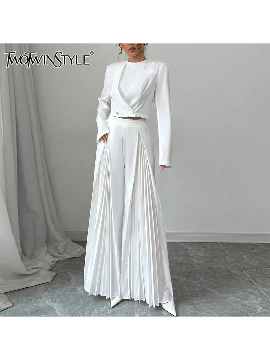 TWOTWINSTYLE Solid Two Piece Set For Women O Neck Long Sleeve Spliced Button Tops High Waist Patchwork Folds Pant Sets Female