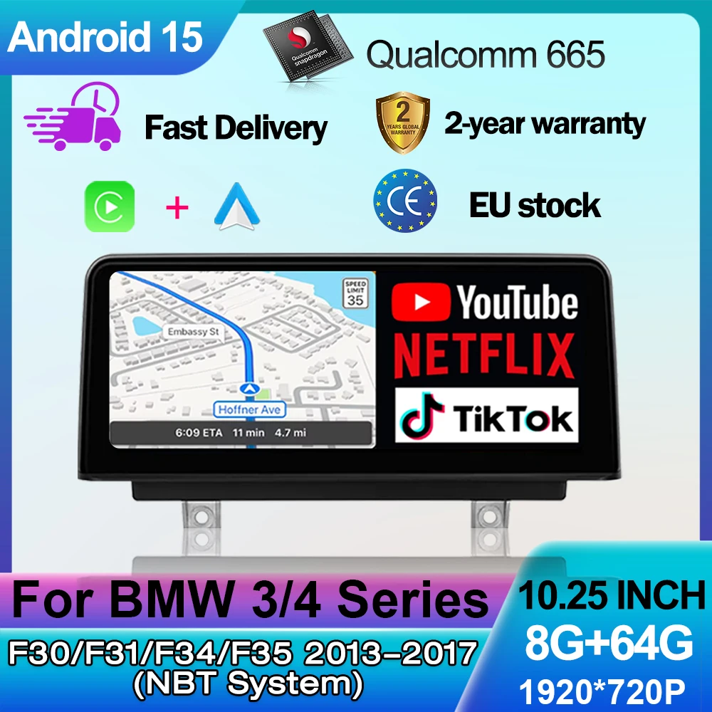 Multimedia-DVD-Player mit zentraler Steuereinheit, kabellosem CarPlay und Android Auto Display für BMW 3er F30 F31, 4er F32 F33 2013-2017, GPS-Navigation, 10,25 Zoll Touchscreen, Android 15, 8G 64G