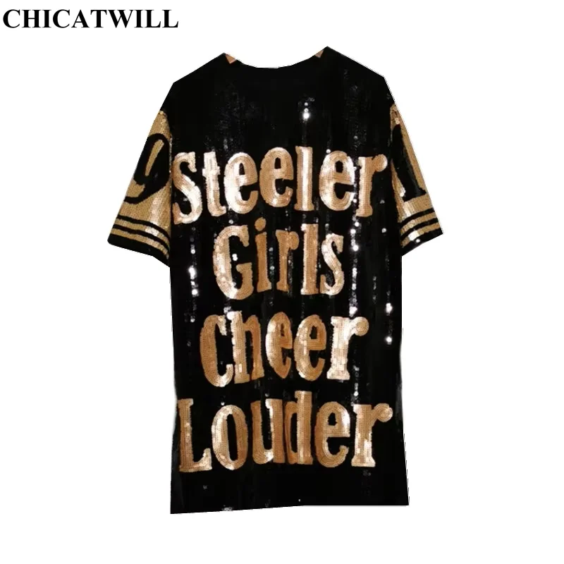 Chic Ins European American Letter Black Patchwork Sequined T-Shirt Woman Jersey Party Punk Girls Loose Short Sleeves Tee Dress