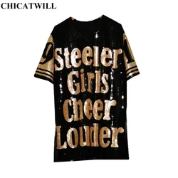 Chic Ins European American Letter Black Patchwork Sequined T-Shirt Woman Jersey Party Punk Girls Loose Short Sleeves Tee Dress
