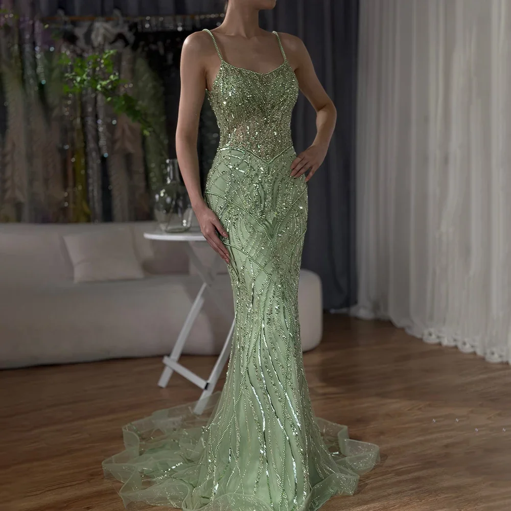 Serene Hill Customized 2025 Saudi Sage Green Beaded Spaghetti Strap Mermaid Evening Dress Caramel Formal Occasion Gown GLA72733