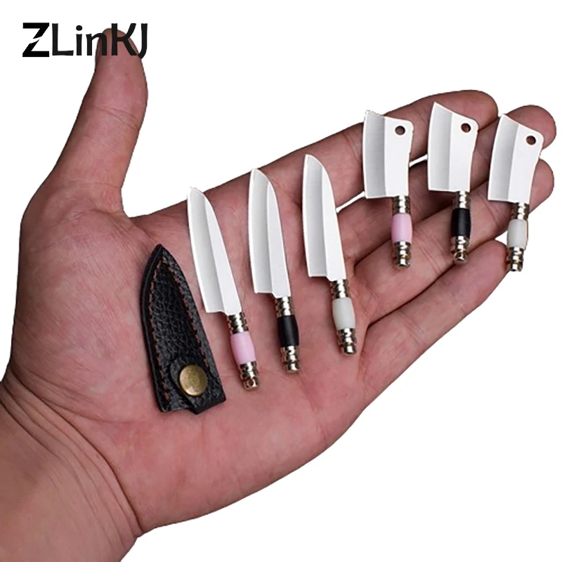 1PC Alloy Steel Mini Knife Keychain Portable Small Fixed Blade Knife Unpacking Express with Cowhide Case