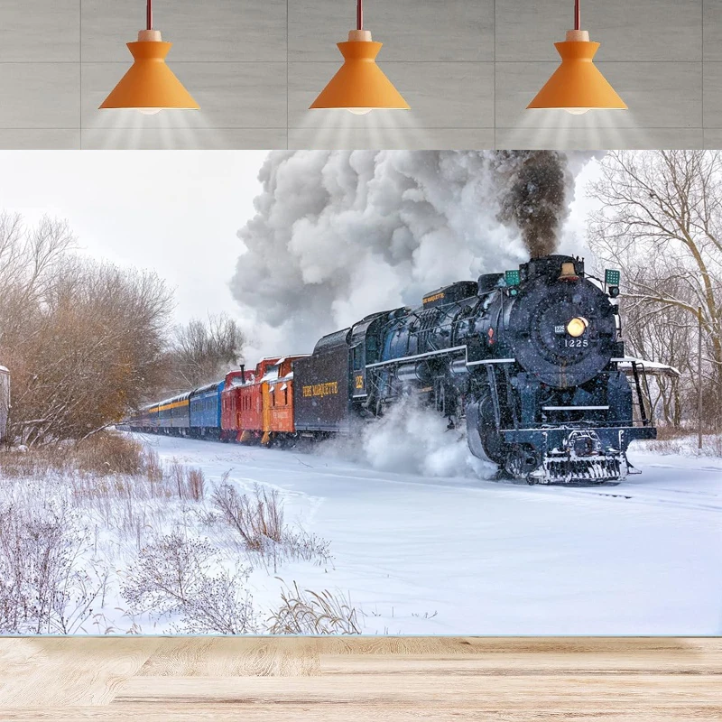 

Зимний паровой поезд фон для фотосъемки старый движущийся поезд плакат фон поезд тематический домашний вечерние фон настенный баннер Декор