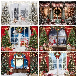 Merry Christmas Photography Backdrop Xmas Tree Winter Window Curtain Gift Baby Birthday Family Portrait Photo Background Decor