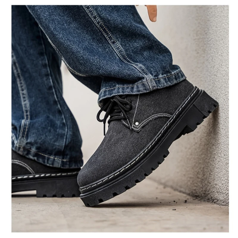 Men's Denim Platform Casual Shoes British Style Thick Sole Lace Up Work Shoes Elevator Footwear for Youth Spring Summer 2026