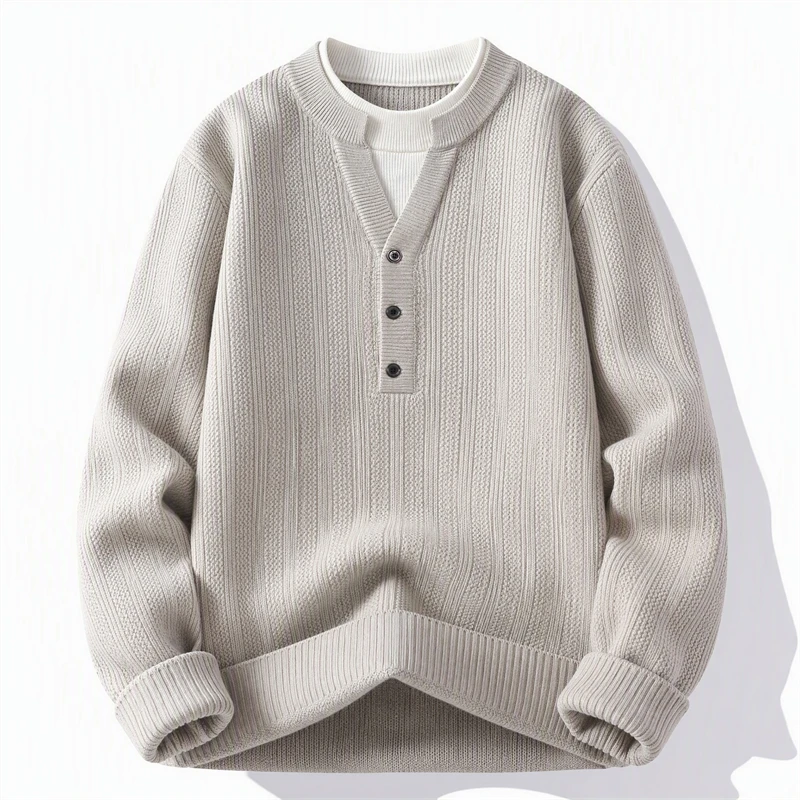 Autumn Winter Fake Two Piece Knit Sweater Men Solid Color Warm Casual Knitted Pullovers Man Fashion Round Neck Pullover Sweaters