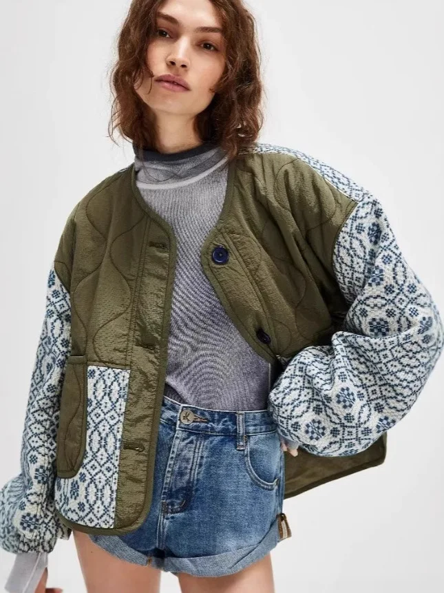Fashionable Printed Cotton Jacket Women's Street Style Patchwork Button up Coat Casual Comfortable Long Sleeve round Neck