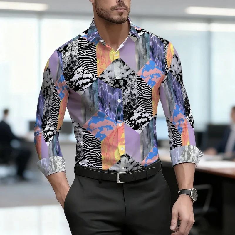 Men's Shirt Long Sleeve Spring Autumn Memphis Style Abstract Geometric Fish Shape Print Lapel Button‑Up Street Top Mens Clothing