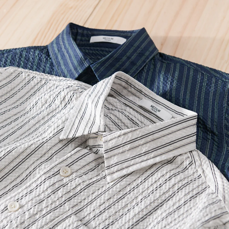 

Мужская рубашка с коротким рукавом и принтом в полоску, летняя текстура пузыря, удобные и стильные рубашки с коротким рукавом для мужчин