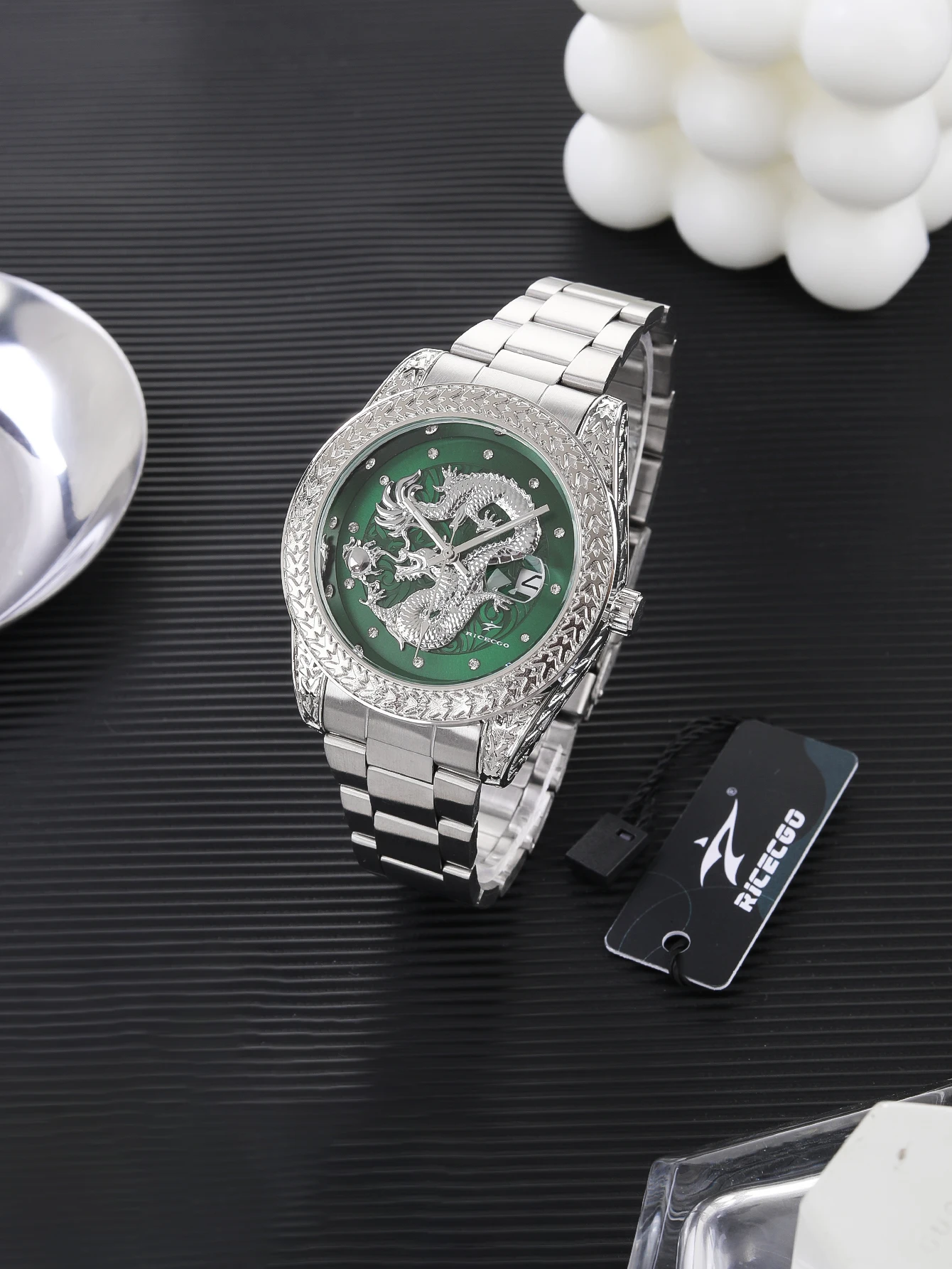 Ricecgo 1Pc Men's Classic Quartz Watch - Business Style, Round Dial, Rhinestone Scale, Calendar Display, Stainless Steel Strap, Quartz Movement, Ideal Gift for Daily Wearing, Birthday or Special Occasion, Father's Day