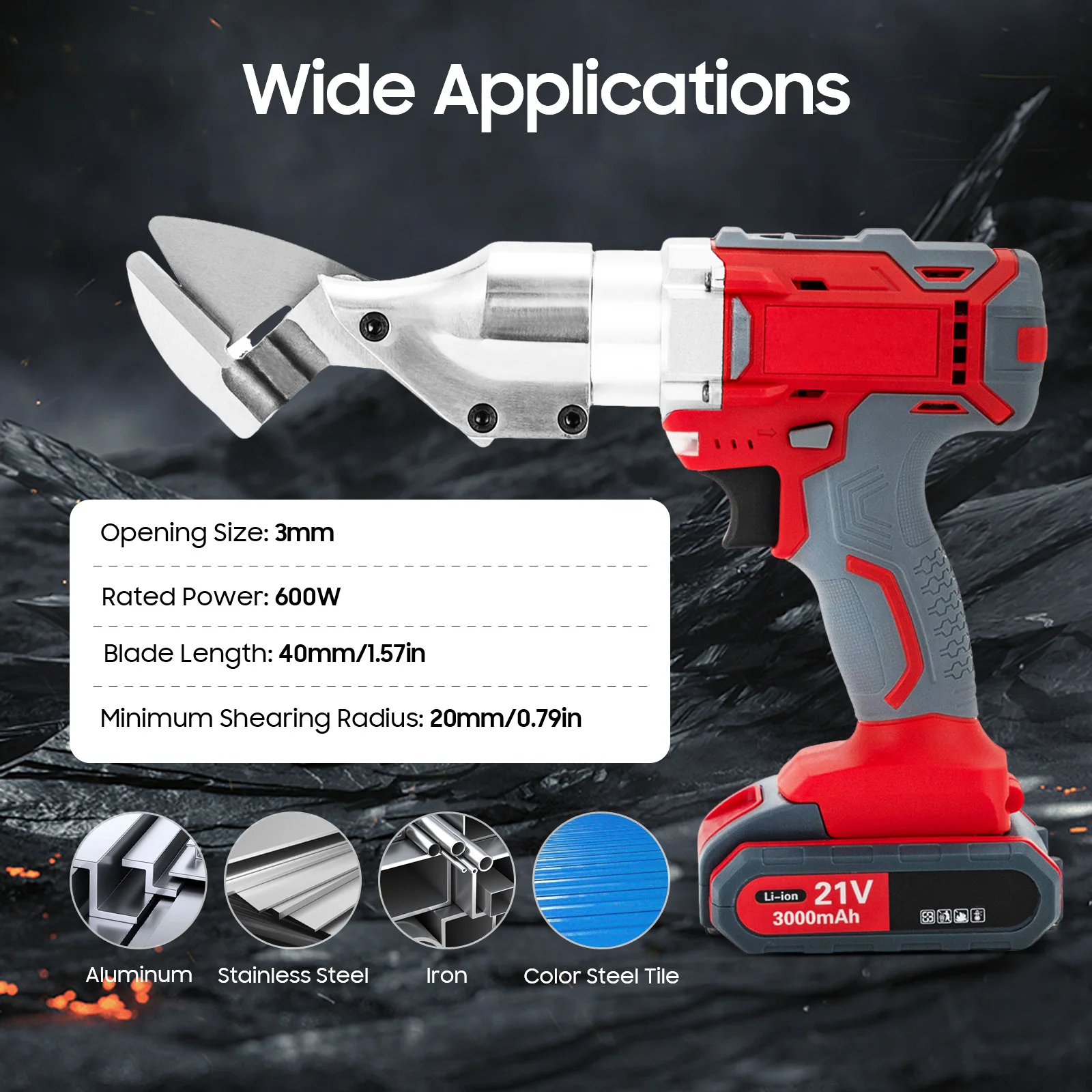 21V 600W Electric Metal Shear, Chrome Vanadium Steel Alloy Head Electric Metal Cutter Shear Two-speed Adjustment Metal Shears