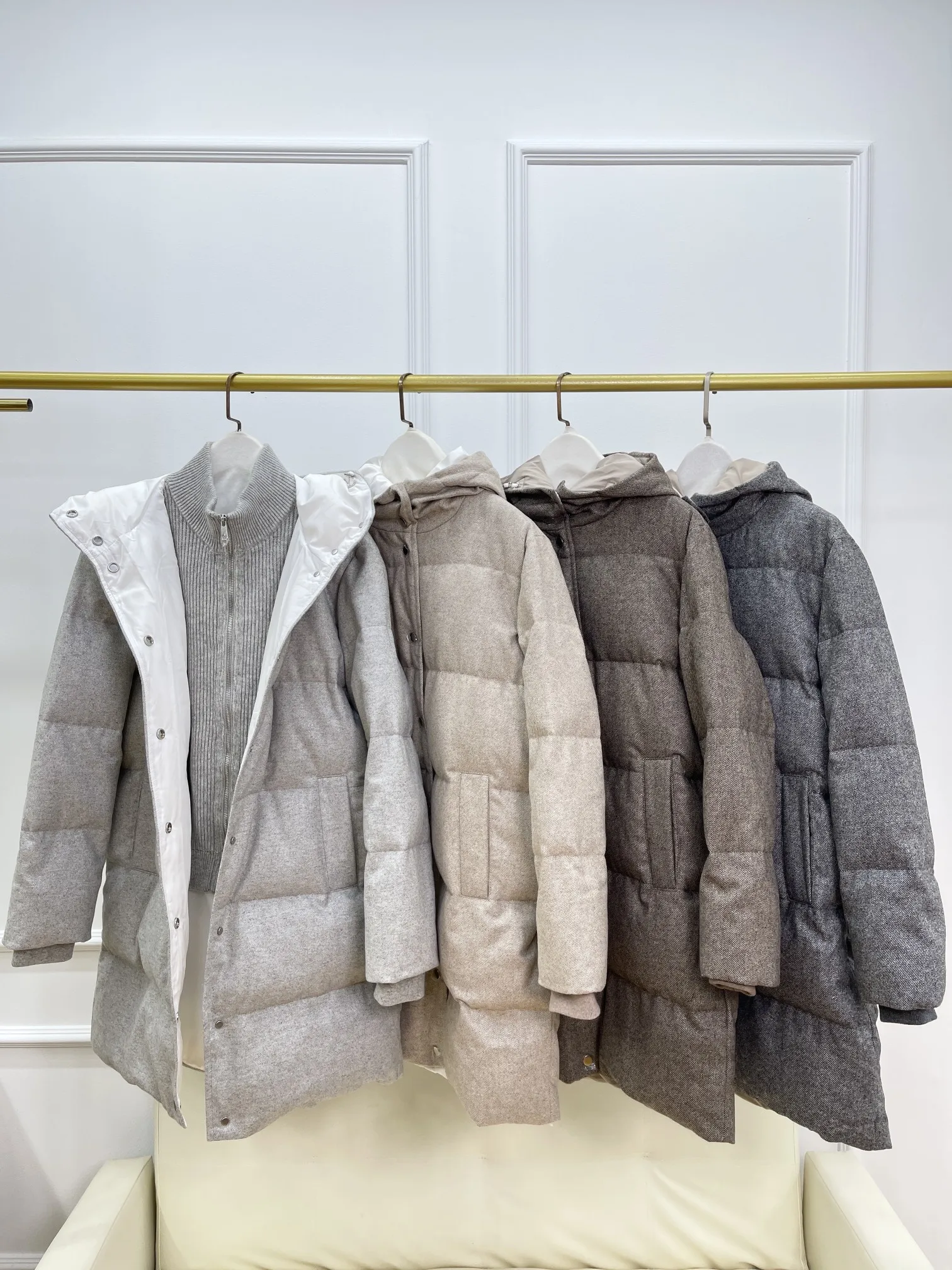 

Women Fake Two Piece Down Jacket Knitted Spliced High Neck Long Sleeve Single Breasted Loose Fashion Mid-Length Hooded Coat