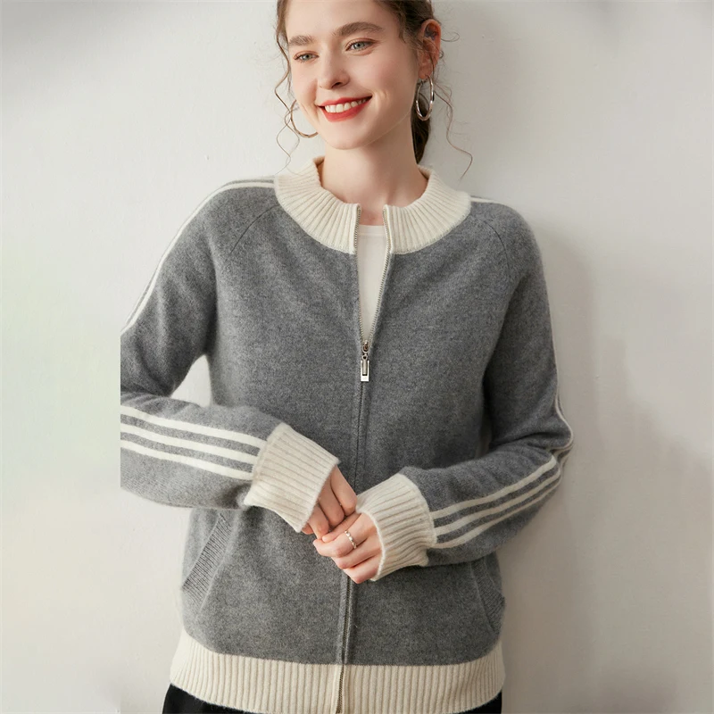 2025 Women 100% Cashmere Sweater versatile fashion Autumn Winter new zipper Coat color-blocking Cardigan Cashmere Knitwear Top