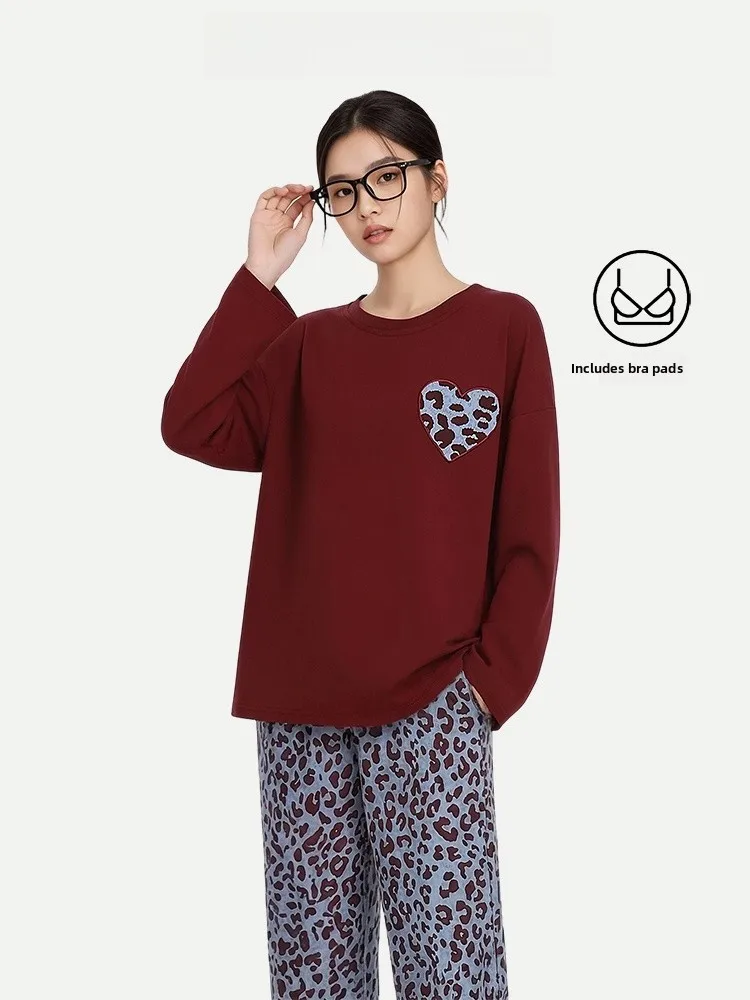 PinkBread Purple Heart Leopard Print Women's Sleepwear Long Sleeve Long Pants Home Clothes Cotton 100% Soft Comfortable Fit