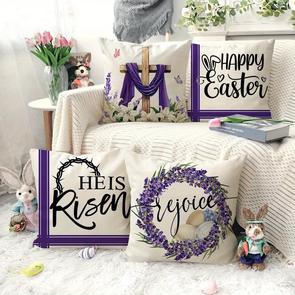 

4pc Easter Pattern Home Decor Pillow Cover Bedroom Living Room Sofa Decoration Polyester Cushion Cover with Zipper