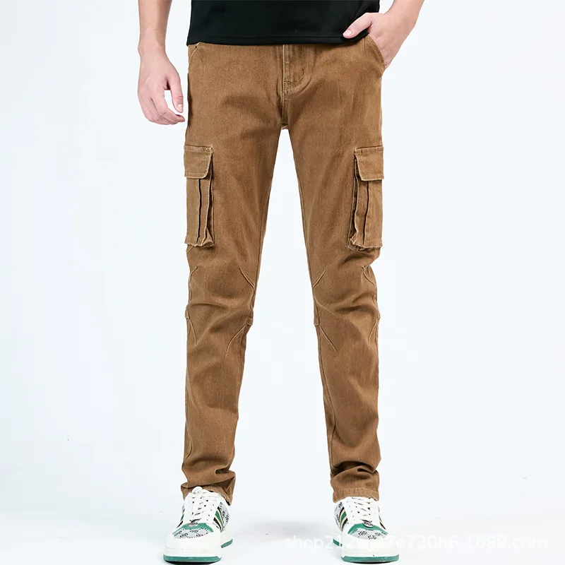 Lavage couleur unie Multi poches décontracté taille moyenne pantalon mince usage quotidien Joggers 2025 rue élastique jean hommes Denim Cargo pantalon