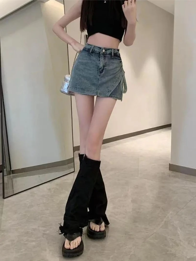 

Женская джинсовая юбка-шорты с высокой талией, ретро-стиль, облегающая мини-юбка, летняя, укороченная, с защитой от просвечивания