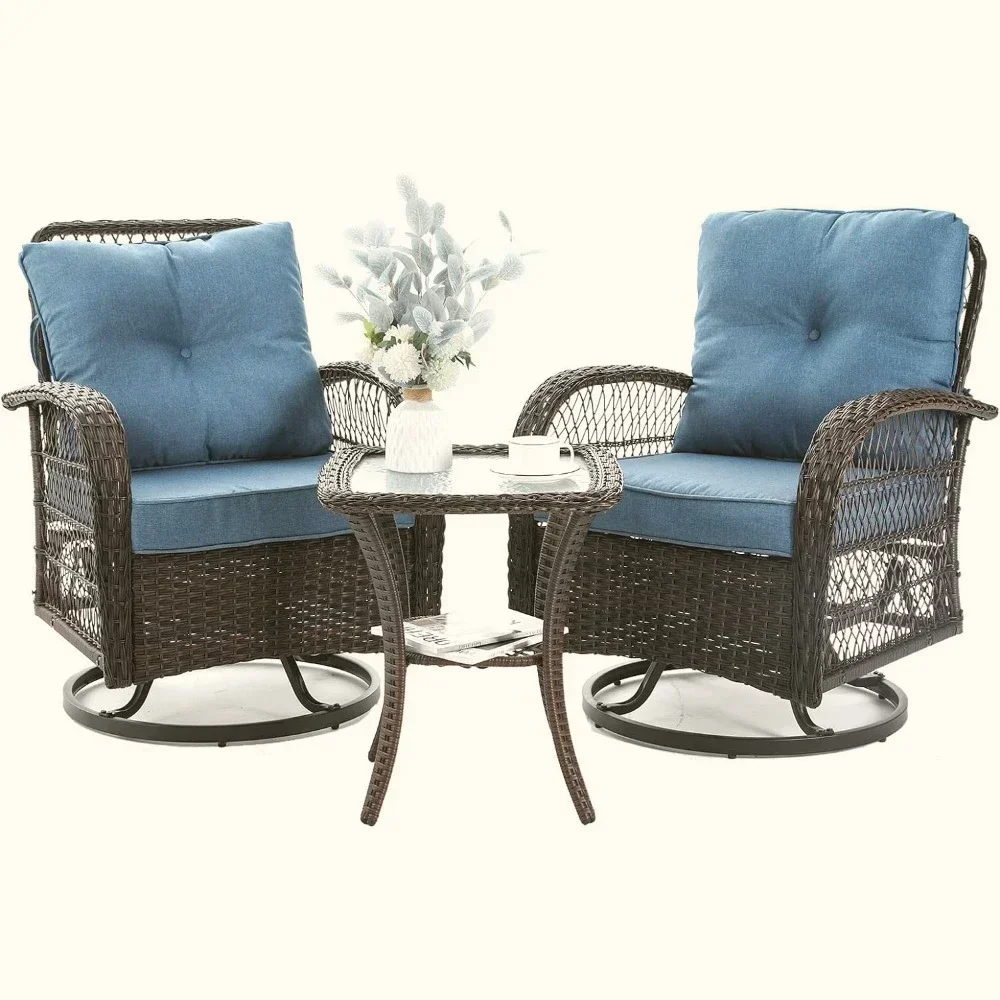 3 Pieces Patio Furniture Set, Outdoor Swivel Rocker, Wicker Patio Bistro Set with Rocking Chair and Table, Garden Furniture Set