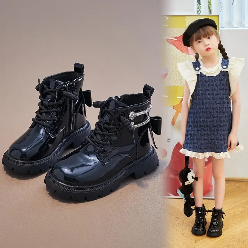 Rhinestones Decorate Bowknot Girls Ankle Boots Autumn Winter British Style Children Leather Boots Kids Soft Soled Anti-slip Shoe