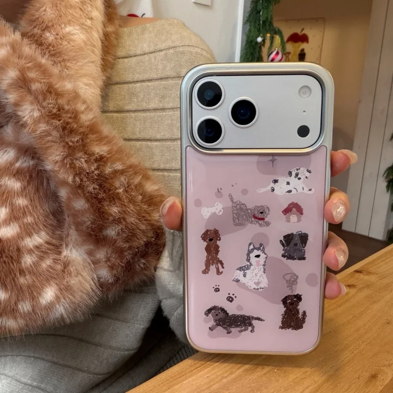 

Cute Seven Dogs Pattern Epoxy Pink Anti-fall Phone Case for iPhone 17, 16, 15, 14, 13,Pro Promax