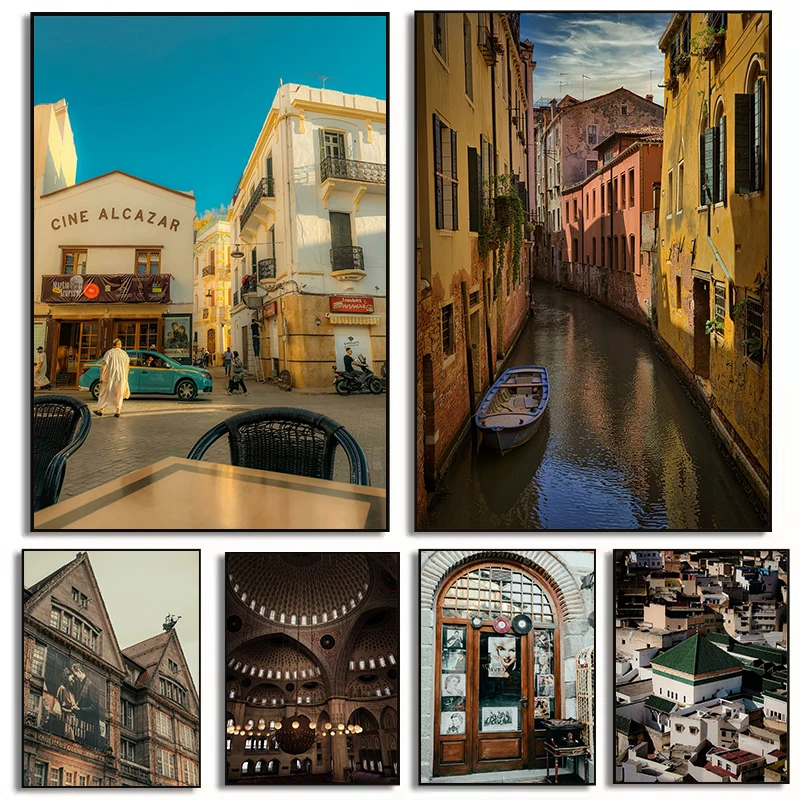 Retro European Cityscape Street Scene Building Venice Canal View Poster Canvas Paintings Wall Art Pictures Home Bedroom Decor