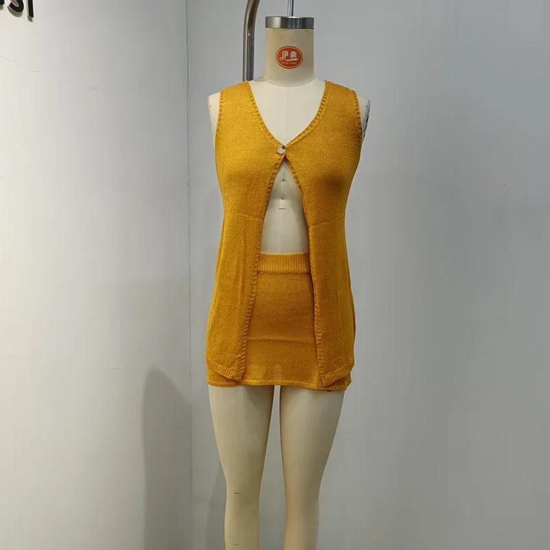 Mode Een Knop Vesten & Rokken Set Sexy Hot Meisje Mouwloze Pailletten Gebreide 2pc Nieuwe Hol V-hals Effen Vakantie sets