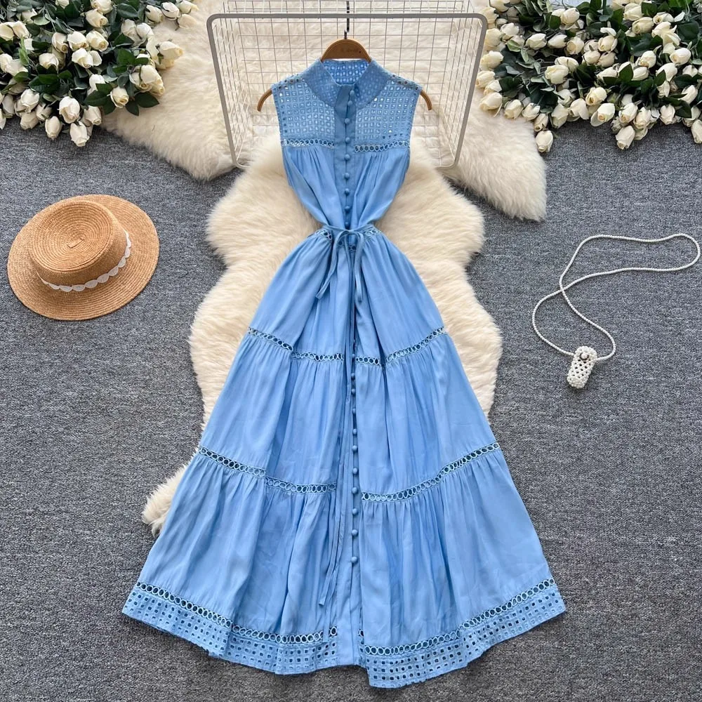 

Summer Hollow Out Embroidery Maxi Dress For Women Sexy Sleeveless Single Breasted Long Beach Dress 2025 Holiday Lady Party Robe