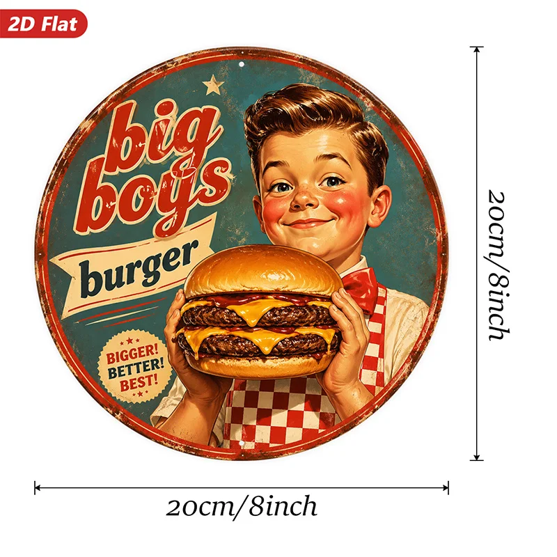 2D Flat, 1pc Retro Diner Burger Round Metal Sign Wall Art, Bigger Better Best Slogan, Ideal for Garden Bedroom