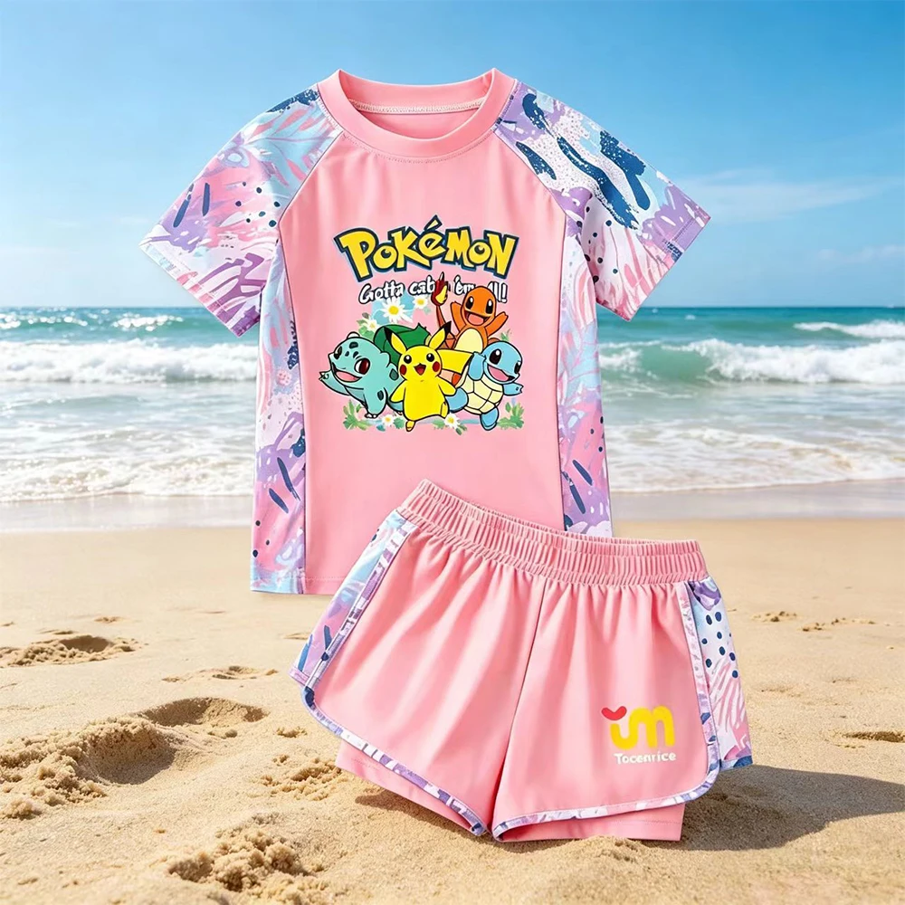 かわいいポケモンピカチュウキッズガールズ水着セット半袖トップ-ショーツ幼児ビーチ水着アニメ子供水泳衣装