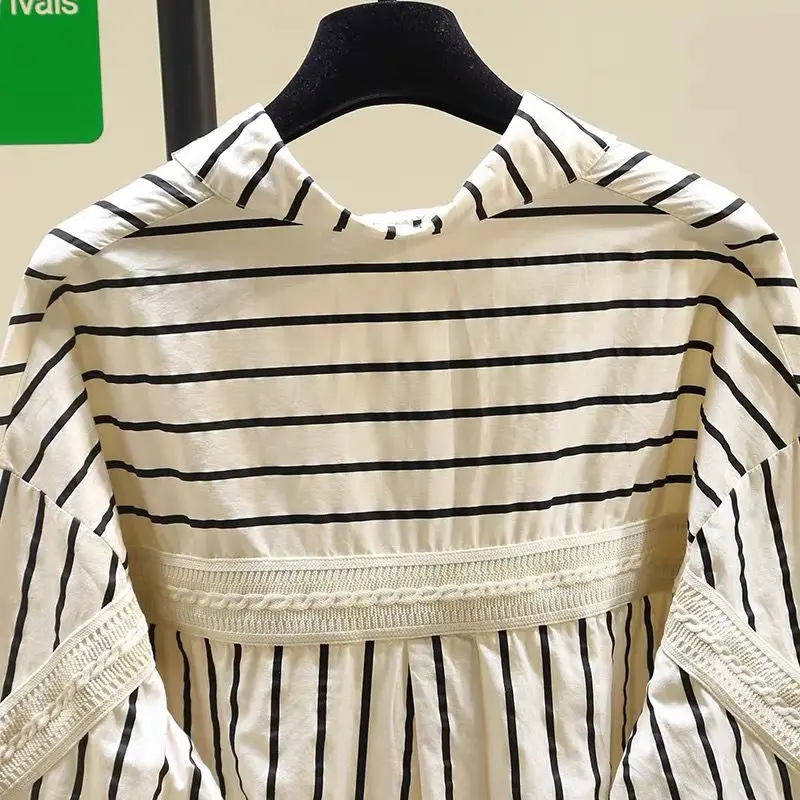 SuperAen Oversize Design Striped Shirt Women 2025 Spring and Autumn New Korean Style Fashion Lace Patchwork Loose Casual Shirts