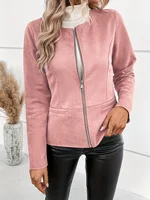 Chaqueta corta tipo cárdigan con cremallera y control de acceso de manga larga ajustada con cuello redondo a la moda para mujer