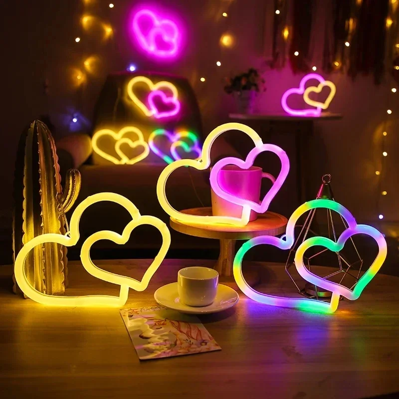 Colorful Neon Double Heart Light Neon Signs for Wall Decor Atmosphere LED for Kids Room Valentine\'s Day Party Confession Wedding