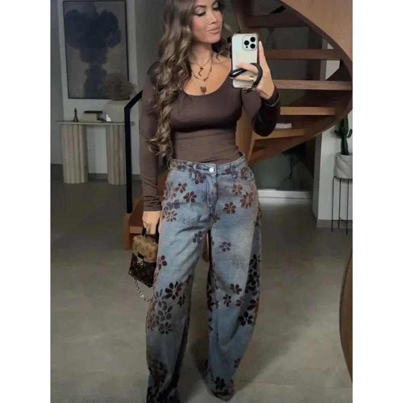 Floral Embroidery Baggy Jeans Women American Retro High Waist Contrasting Loose Wide Leg Deaim Pants 2026 Street Trend Jeans