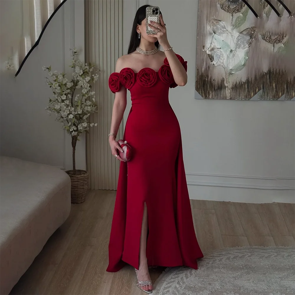 Rode avondjurk voor dames Uit de schouder Bloem Zeemeermin Avondjurk Split Backless Trompet Formele Jurken Lang Aangepast