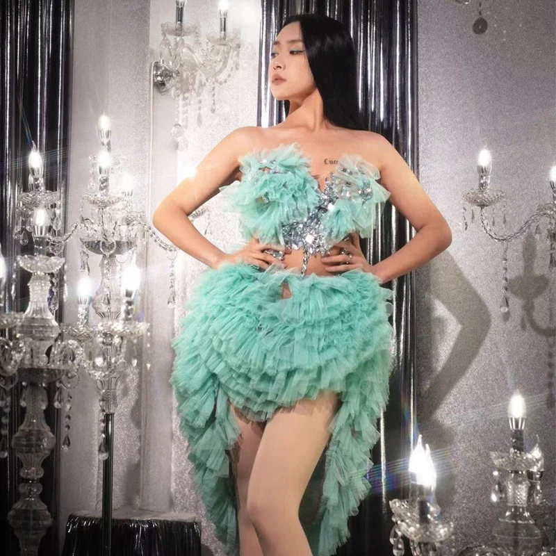 Sexy Pole Dance Mesh Sleeves Party Dress Women Celebrate Evening Dress Gogo Costume Bar Rave Outfit Dj Ds Festival Wear