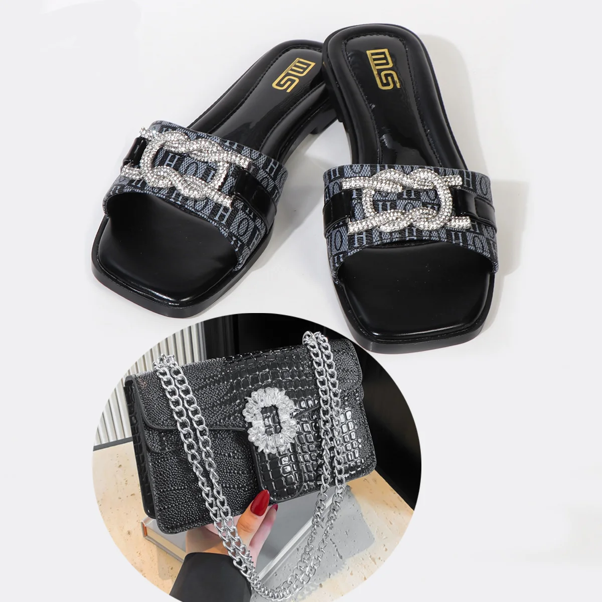 Summer Rhinestone Slippers Women Wear Fashion New Non-slip Sandals Fashion Bright Diamond One-shoulder Simple Small Square Bag