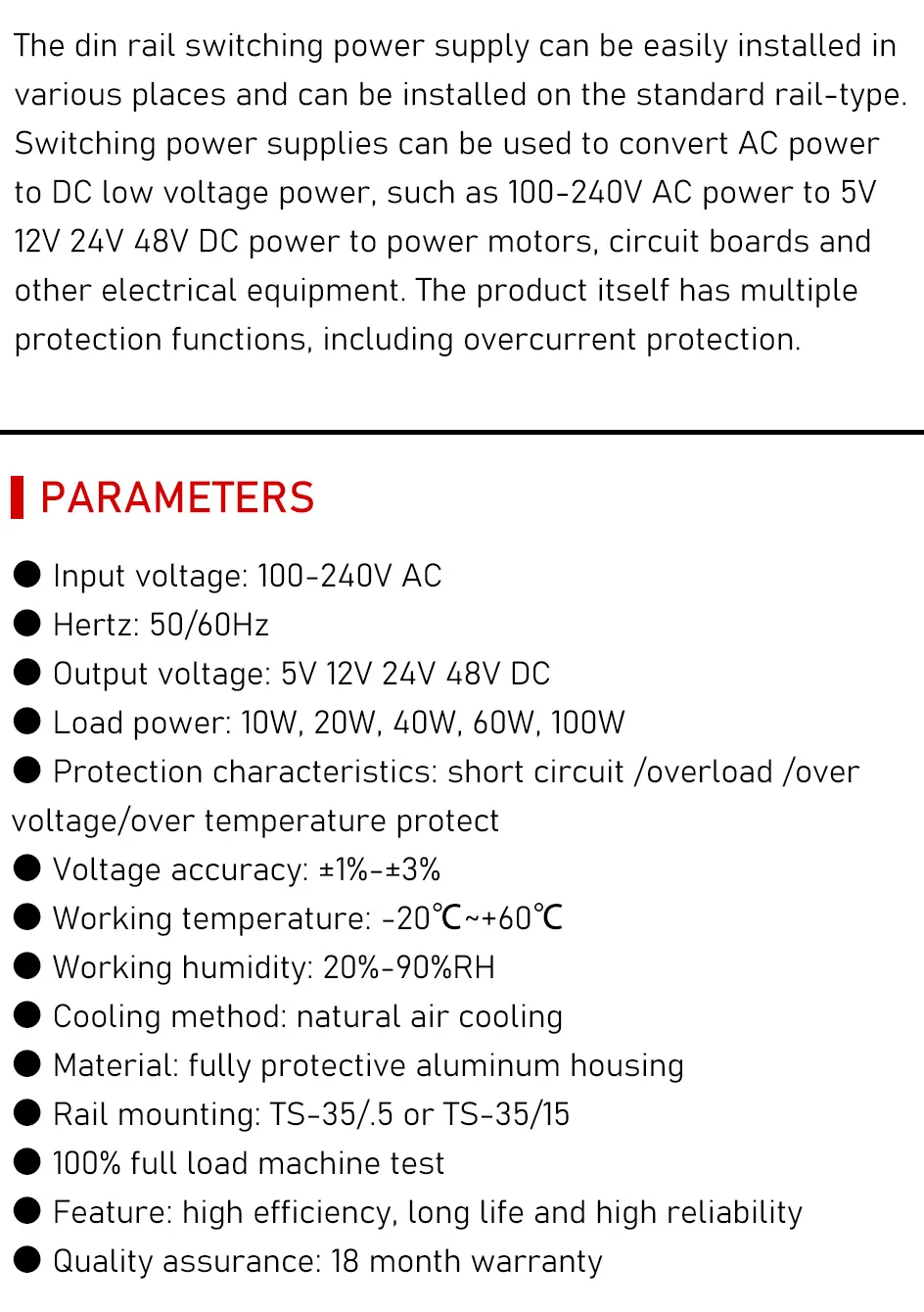 DC5V 12V 24V 48V 10W 20W 40W 60W 100W Schmaler Schaltnetzteil AC100-240V Eingang DIN-Schienenmontage Industrielle Steuerungsversorgung – Detail 2