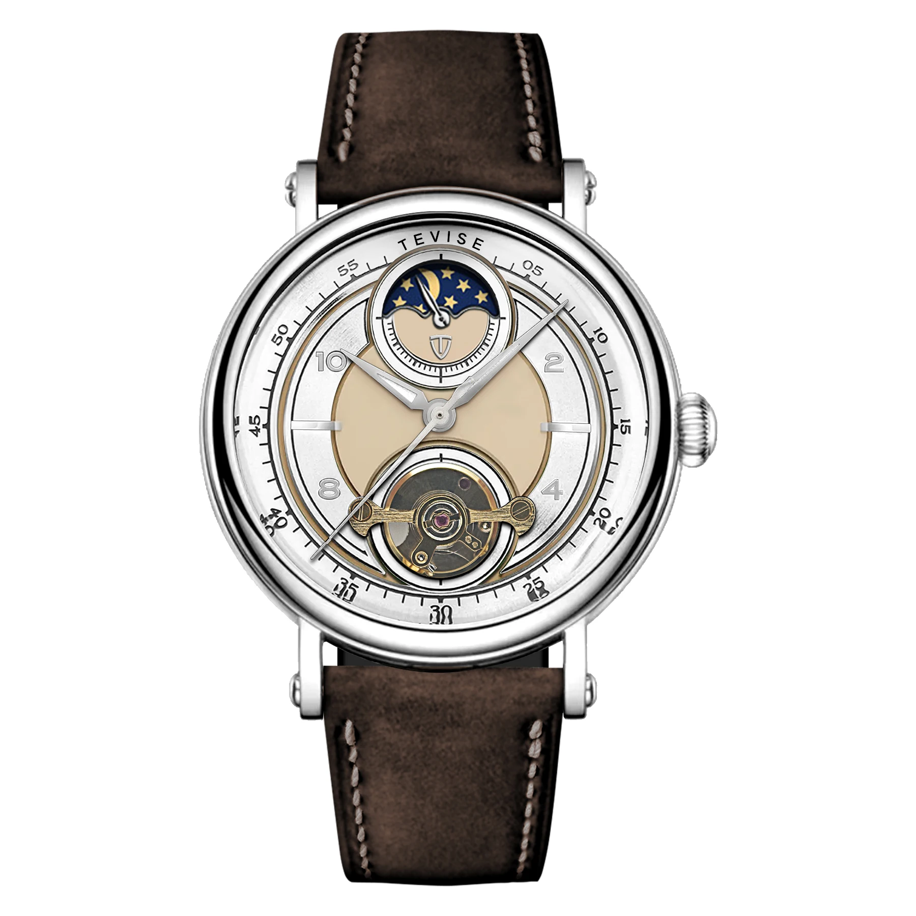 Fashion Tevise Top Brand 2025 New Automatic Mechanical Watches For Men Moon Phase Skeleton Luminous Leather Strap Fashion Luxury