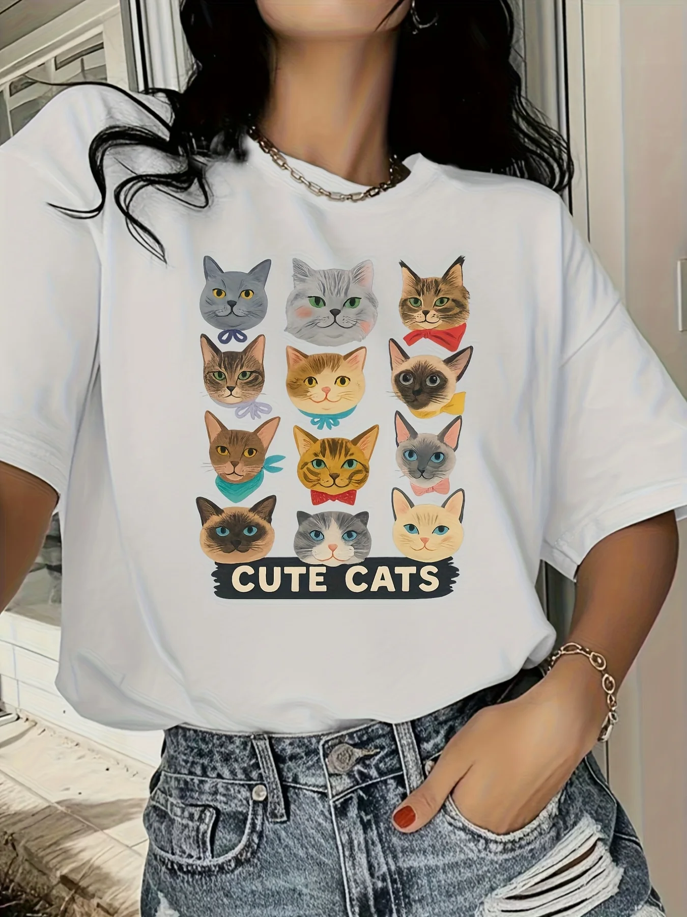 Womens Casual Short Sleeved Round Neck T-shirt with Various Cute Cat Patterns Printed Summer Womens Tops Casual Clothing