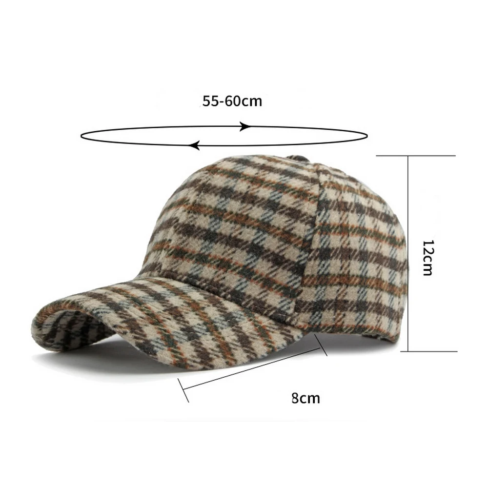 Autumn Winter Unisex Plaid Baseball Cap With Woolen Material 55-60cm Adjustable Casual Versatile Hats For Women And Men BQ0625