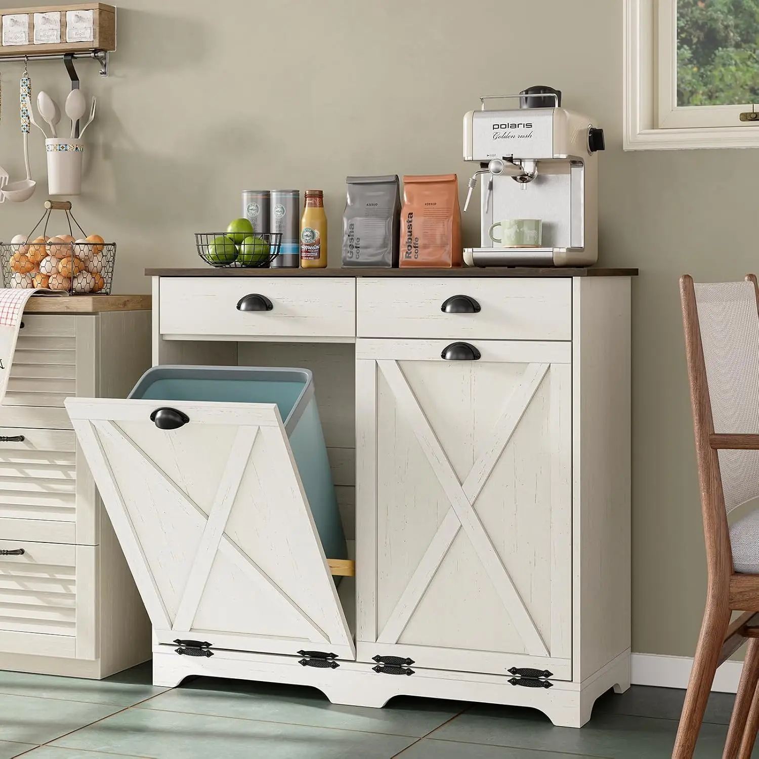 Double Tilt-Out Trash Can Cabinet with Barn Doors and Hideaway Drawers, Farmhouse Style Freestanding Kitchen Cabinet for 2 Bins, MDF Construction