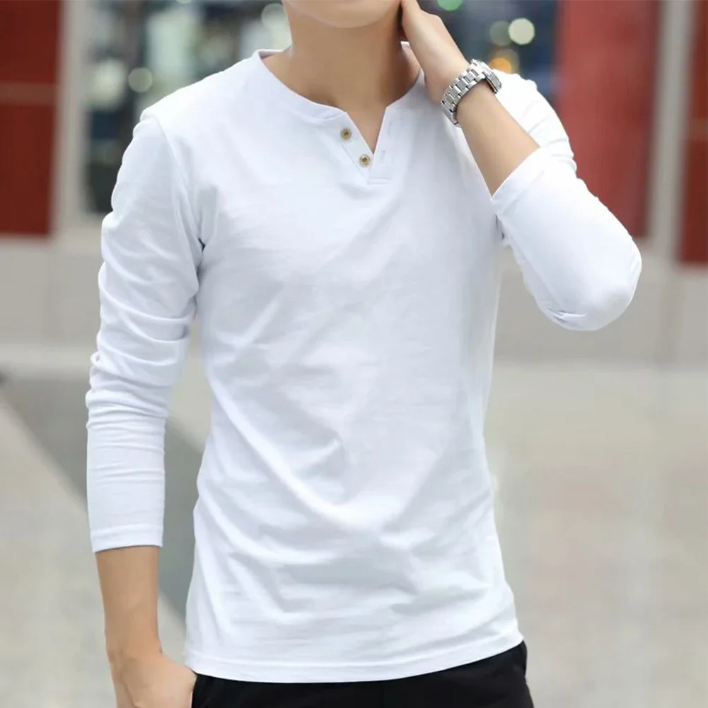 

T Shirt Men Pullover Tops Comfortable Comfy Cotton Long Sleeve T-shirts Bottoming Shirt Breathable Button Mens