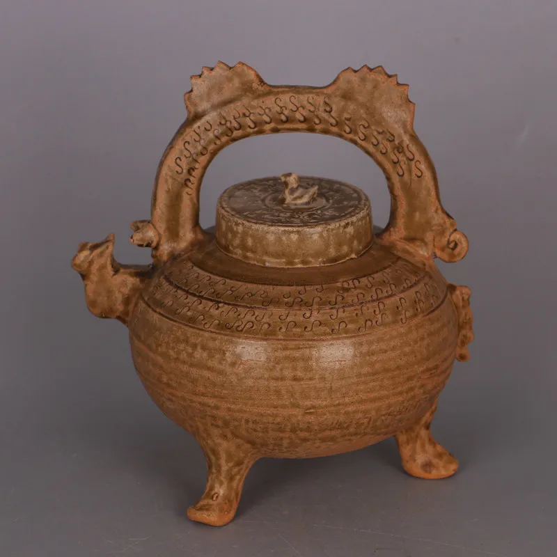 Mise Celadon Glaze Carved Dragon Handle Pot Tang Dynasty Style Home Decor Ornament